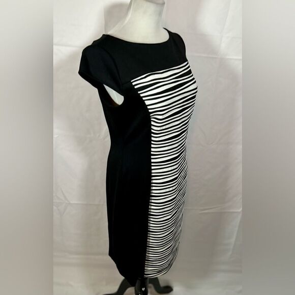 Roz & Ali Slimming Black and white striped cap sleeve knee length bodycon dress - Picture 9 of 10